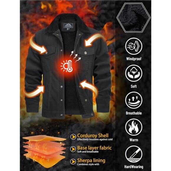 Men's Corduroy Jacket Fleece Sherpa Lined Winter Coats Warm Cotton - Picture 4 of 7